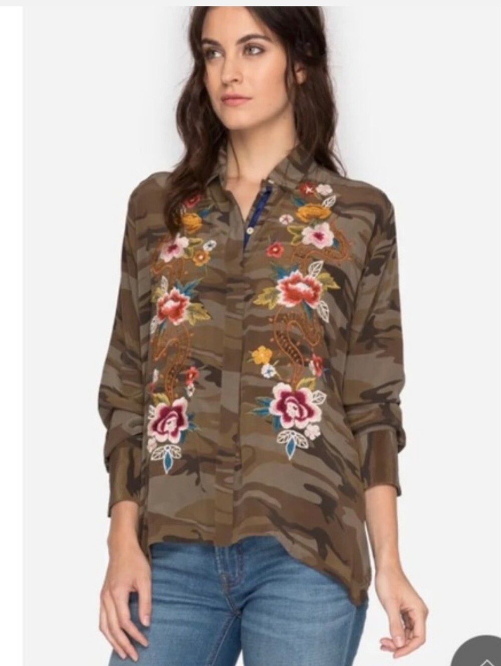 JOHNNY WAS WORKSHOP CAMO FLORAL EMBROIDERED BUTTON DOWN SHIRT SZ S